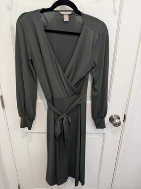 H&M Olive Green Long Sleeve Wrap Dress with Tie Waist